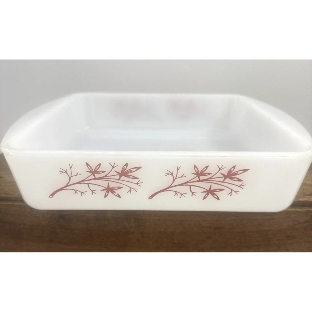 Vintage Glasbake J-247-14 Casserole Dish Tree Branch White Milk Glass Baking